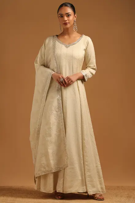 Cream Tissue Zari Woven Gown With Stone And Sequins